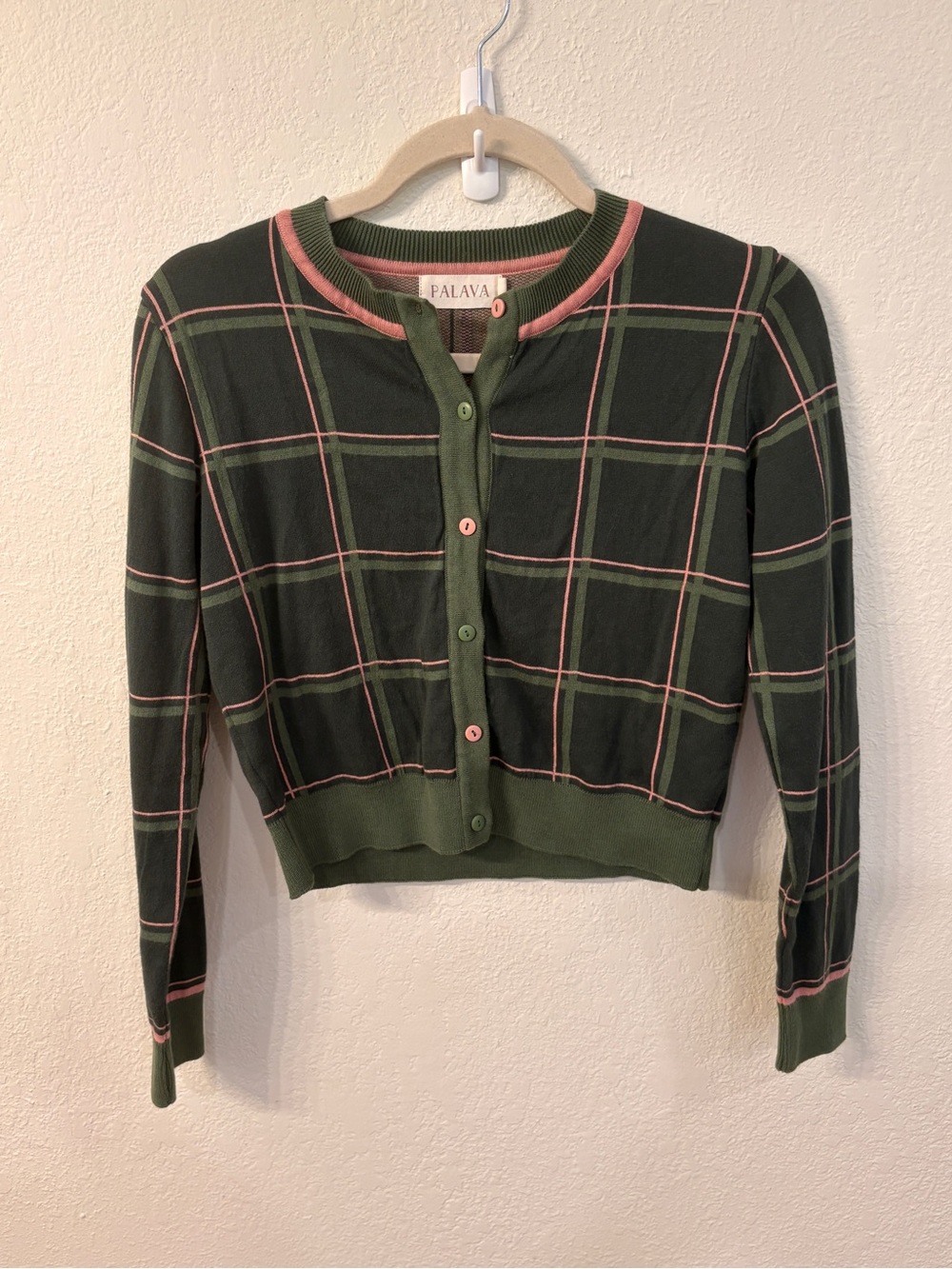 Palava Green Plaid Cropped Cardigan with Pink Trim